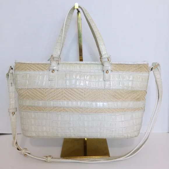Brahmin Snowball Raffia And Croc Embossed Leather Crossbody Satchel Purse - Picture 2 of 9